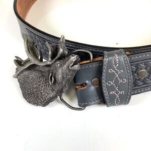 Sz 36 Tooled Leegin Silver Creek Leather Western Belt w/Elk Bergamot Buckle 1980